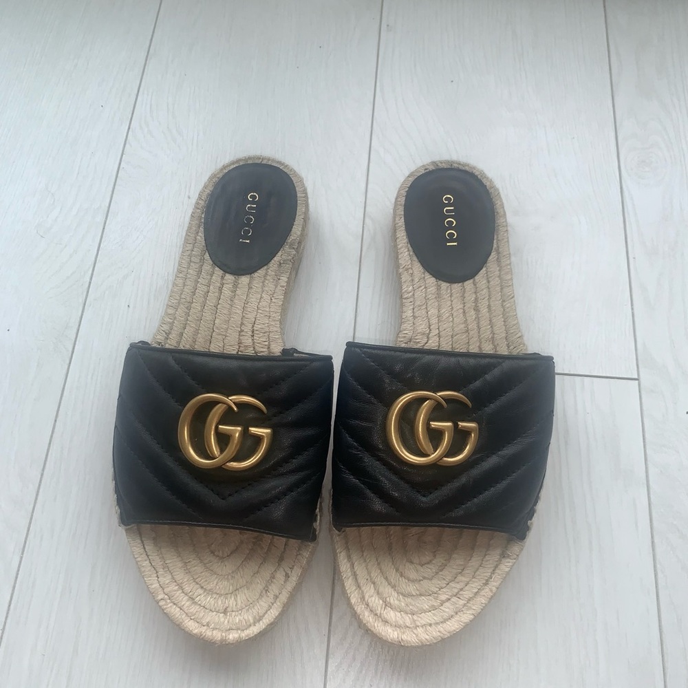 Gucci Napa Charlotte Nero GG Leather Espadrille Slide Sandal SZ EU36.5 6.5US